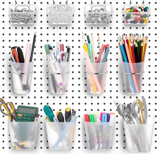 Jinei 12 piezas de cubos y tazas con ganchos y bucles para tablero de clavijas, variedad de accesorios organizadores, kit de organizador de