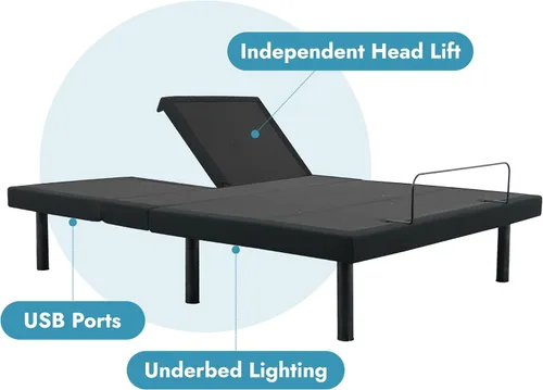 Miniatura 2 de Ergomotion Duetto - Cama ajustable con parte superior dividida, elevación de cabeza independiente, gravedad cero, anti-ronquidos, iluminación debajo