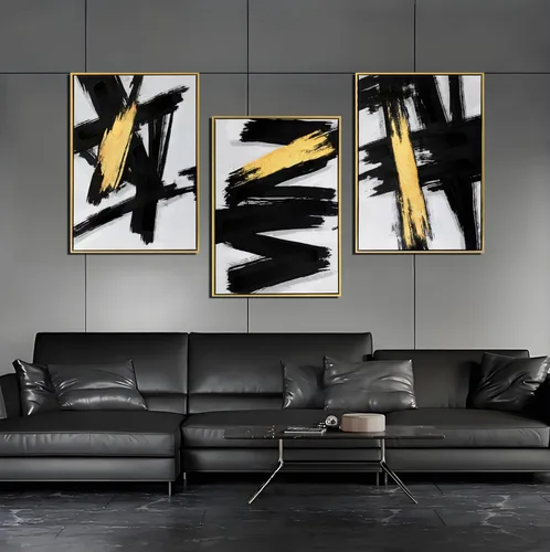 Miniatura 6 de Sofoney - Lienzo abstracto enmarcado en oro negro y dorado, impresiones artísticas 3D texturizadas con pinceladas negras con lámina dorada