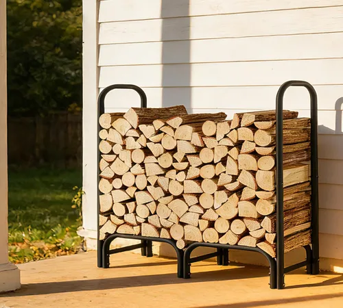 Miniatura 2 de Estante de leña de 4 pies resistente para interiores y exteriores, con cubierta, tubo redondo negro