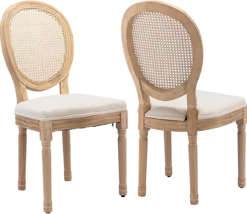 Miniatura 40 de Juego de 2 sillas de comedor de campo francés, sillas de comedor de madera de granja beige, silla de comedor con respaldo tejido con cojín tapizado