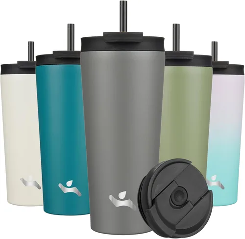 Miniatura 18 de Konokyo Vaso aislado de 18 onzas con tapa y 2 pajillas, botella de agua de acero inoxidable, taza de viaje al vacío, taza de café, color blanco ángel