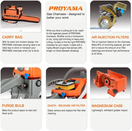 Miniatura 6 de PROYAMA 62CC motosierra de gas de 2 ciclos, 22 pulgadas 18 pulgadas motosierra de gasolina inalámbrica de mano para corte de madera de árboles