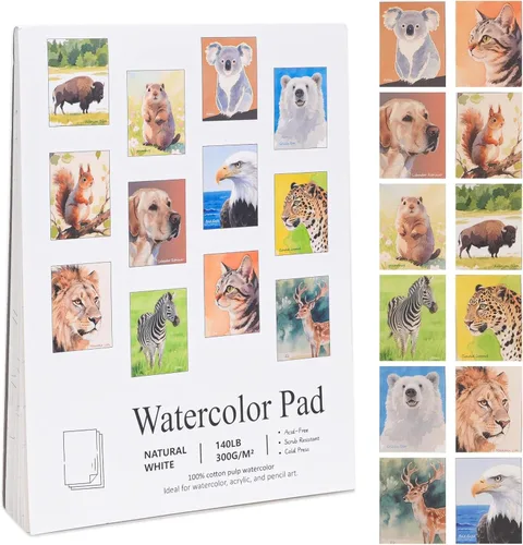RGBMIX 12 Hojas Libro de Papel de Acuarela de Animales 6x8'' Papel de Acuarela Artes Almohadilla de Colorear con Agua Almohadilla de Pintura para