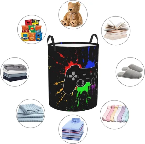 Miniatura 9 de Cesta redonda para ropa sucia con temática de videojuegos, cesta de almacenamiento para juguetes, organizador de ropa, para el hogar, baño, Juego #02
