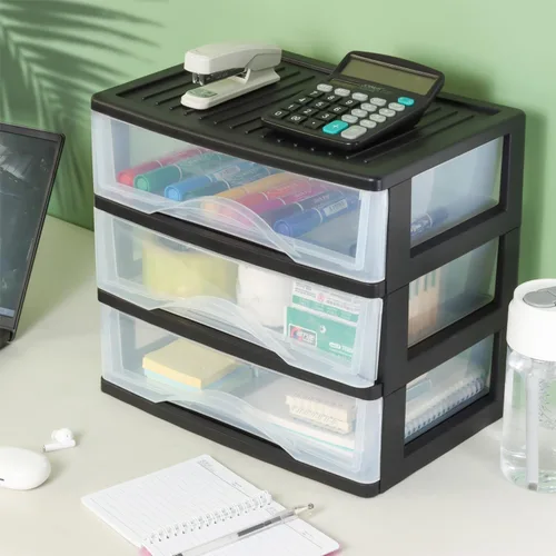 Miniatura 5 de BYCY Organizador de escritorio mediano de plástico negro apilable con 3 cajones para suministros de oficina, cajones de almacenamiento apilables