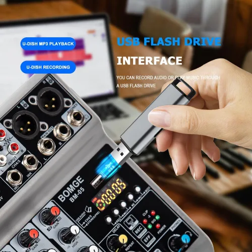 Miniatura 5 de BOMGE Mezclador de audio, consola de mezcla de tablero de sonido con 5 canales digitales USB Bluetooth, efecto de eco y retardo, alimentación