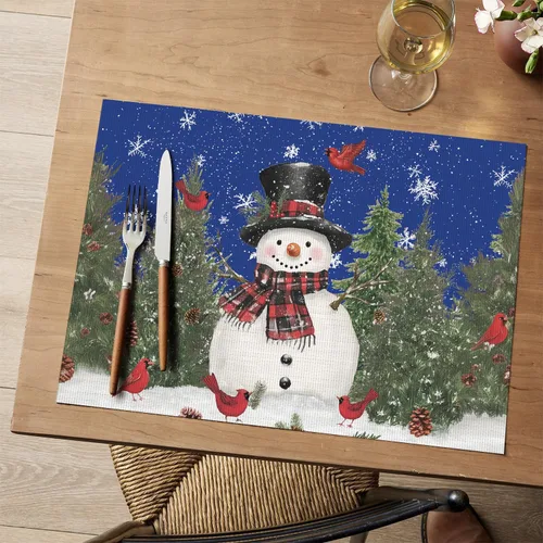 Miniatura 2 de Artoid Mode - Juego de 4 manteles individuales de vinilo con diseño de muñeco de nieve y árboles, florales navideños, azules, lavables, tejidos