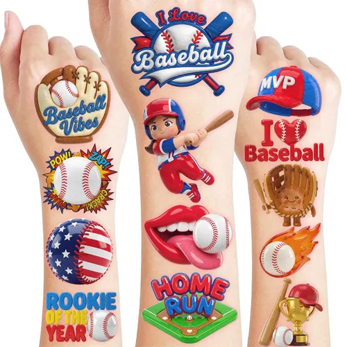 Miniatura 10 de 120 tatuajes temporales precortados para deportes de béisbol para niños Recuerdos de fiesta de cumpleaños con temática de béisbol súper lindos