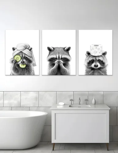 Miniatura 5 de Adorable póster artístico de mapache para baño, divertido póster de decoración de pared en blanco y negro, impresiones en lienzo de animales lindos