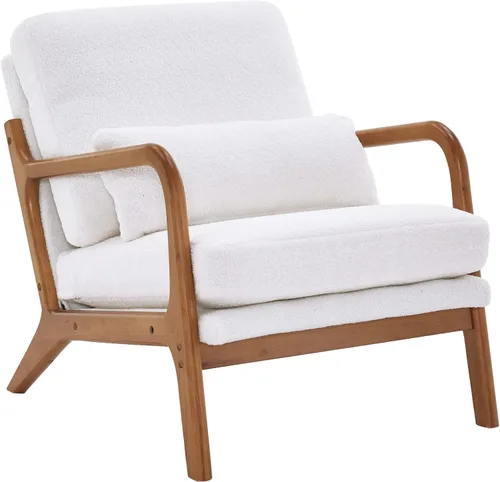 Miniatura 21 de SSLine Sillón tapizado moderno de tela de lino suave con almohada y marco de madera de roble, cómodo sofá individual con respaldo alto, silla