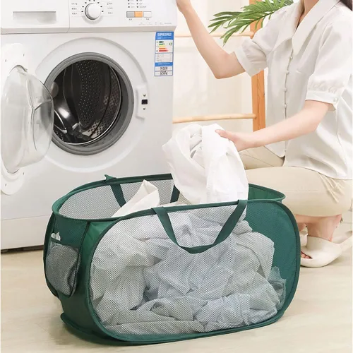 Miniatura 7 de 4 cestas de malla para ropa sucia, cesta de lavandería con apertura, cesta de lavandería desplegable con asas duraderas, cesta plegable de malla