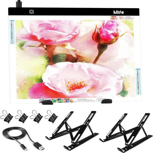 Mlife Almohadilla de luz LED A2 para pintura de diamantes, luz de seguimiento alimentada por USB con soporte y 4 clips de sujeción