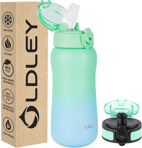Miniatura 23 de Botella de agua aislada Oldley de 12 oz con pajita, botella de agua de acero inoxidable con 2 tapas, botellas de doble pared con vacío para adultos