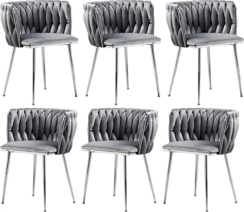 Miniatura 15 de Juego de 2 sillas de comedor de terciopelo, sillas laterales tapizadas tejidas con patas de metal negro, sillas decorativas modernas, sillas
