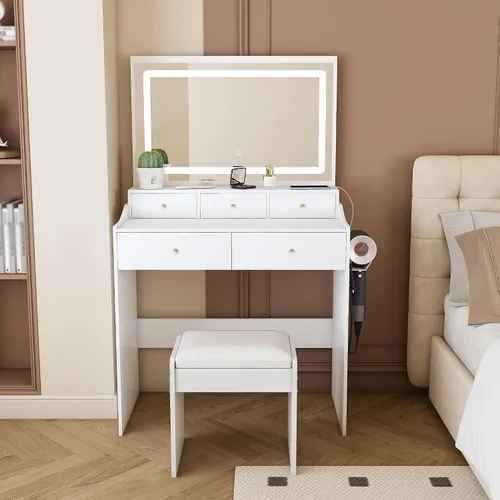 Miniatura 11 de Escritorio de tocador con espejo de luz LED, mesa de tocador de maquillaje con taburete, 5 cajones, soporte para secador de pelo, toma de corriente