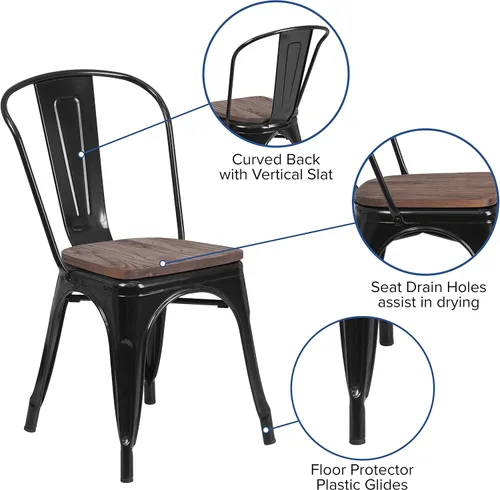 Miniatura 4 de EMMA + OLIVER Silla apilable de metal negro con asiento de madera
