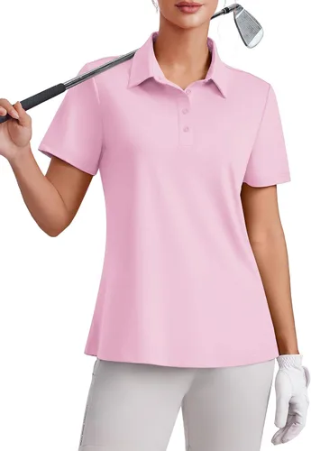 Miniatura 14 de PINSPARK Polo de golf de 4 botones para mujer, UPF 50+, secado rápido, atlético, camiseta de tenis con cuello, ajuste relajado