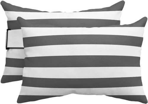 T&H XHome Almohada para exteriores para tumbona, color gris oscuro y blanco, a rayas, impermeable, almohada lumbar con correa elástica ajustable