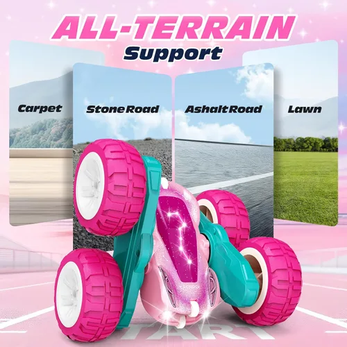 Miniatura 6 de Tecnock - Auto a control remoto rosa para niñas y niños, autos RC de 2.4GHz con carga fácil USB-C, 4WD de doble cara que gira 360° y hace