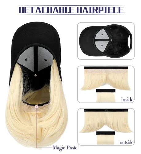 Miniatura 2 de Qlenkay Gorra de béisbol con extensiones de cabello recto, fleco corto, peinado ajustable, extraíble peluca y sombrero ,14 pulgadas para mujer y niña