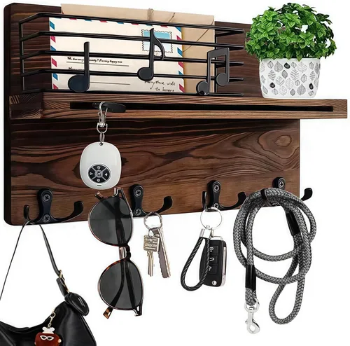 Soporte para llaves de pared, soporte para llaves en la pared con estante, soporte para llaves y correo para pared con 4 ganchos dobles para correa