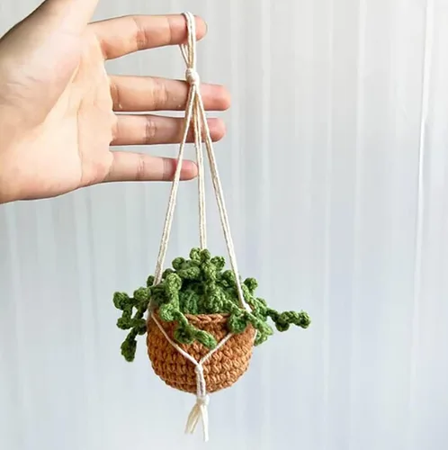 Miniatura 25 de Planta colgante de ganchillo para automóvil, colgador de espejo de automóvil de punto, cesta colgante de ganchillo para plantas de automóvil, lindos