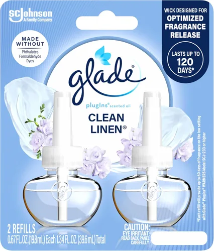 Glade PlugIns - Repuesto de ambientador, aceites esenciales y perfumados para el hogar y el baño, Clean Linen, 1.34 onzas líquidas, 2 unidades