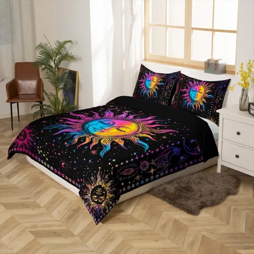 Miniatura 3 de Erosebridal Juego de ropa de cama bohemio con sol y luna, funda de edredón hippie de 3 piezas, colorida funda de edredón teñida anudada, funda