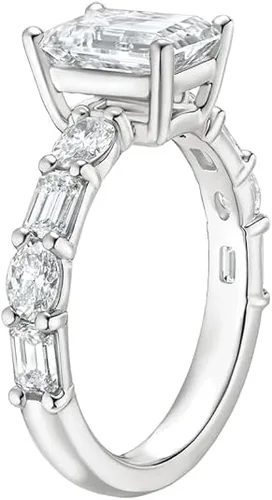 Miniatura 2 de IGI Anillo de compromiso de diamantes creados en laboratorio de 4.50 quilates con esmeralda blanca de excelente talla, cuatro puntas, con diamantes