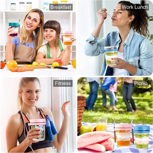 Miniatura 6 de Recipientes de avena durante la noche con tapas y cuchara, 1 tarro Mason para avena durante la noche, tarros de avena de 16 onzas, recipiente de Azul