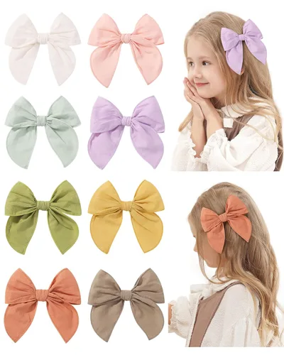 Miniatura 22 de 20 Lazos para el Cabello de Niñas Bebé Fable de 5.5 Pulgadas, Pinzas de Cocodrilo de Algodón y Lino, Accesorios Grandes Neutros Hechos a Mano