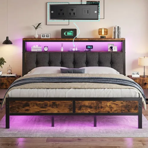 Miniatura 11 de Homkdom Base de cama de tamaño matrimonial con estación de carga, marco de cama tamaño matrimonial con luces LED con cabecera de almacenamiento Negro