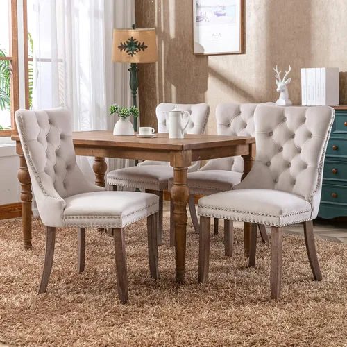 Miniatura 4 de ODUSE-DAILY - Juego de 4 sillas de cocina y comedor de terciopelo beige, tapizadas en tela, respaldo alto con alas, anilla metálica, estructura