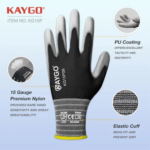 Miniatura 2 de KAYGO Guantes de trabajo con revestimiento de poliuretano, 12 pares, KG15P, forro de nailon con revestimiento flexible de poliuretano, guantes