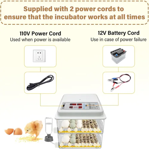 Miniatura 4 de Incubadora inteligente de 120 huevos, control de temperatura y humedad, pantalla LED, vela integrada, llenado de agua externo y potencia dual