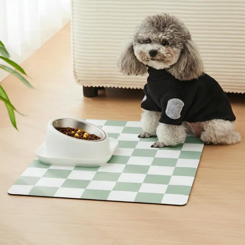Miniatura 2 de Alfombrilla de alimentación para perros a cuadros, tapetes absorbentes para cuenco de comida y agua para perros, dispensador, alfombrilla estética