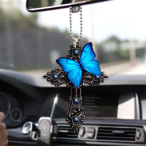 Talataca Mariposa azul, orar por Dios Jesús CROS cristiano 2D espejo retrovisor plano coche accesorios de árbol de Navidad decoración colgante