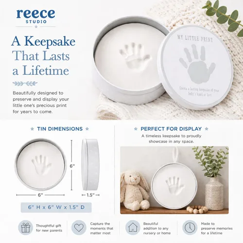 Miniatura 4 de Reece Studio Kit de arcilla para imprimir huellas de bebé en lata, creadores de huellas de mano o pie de recién nacido, caja de recuerdos para bebé