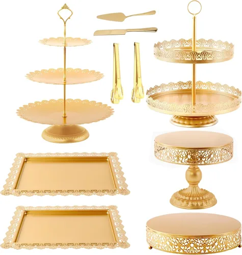 GMWD Juego de soportes dorados para tartas, mesa de postres de metal, pedestal, soporte para cupcakes, plato de dona, bandeja para servir decoración