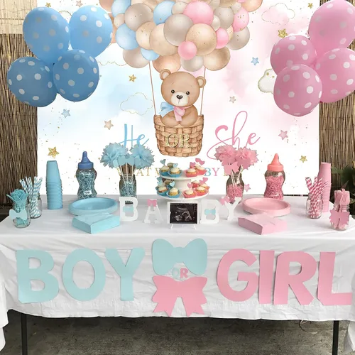 Miniatura 2 de Mocsicka Fondo de globo aerostático de oso rosa o azul, oso rosa o azul, para revelar el género, We Can Bearly Wait Gender Reveal Party Cake Table