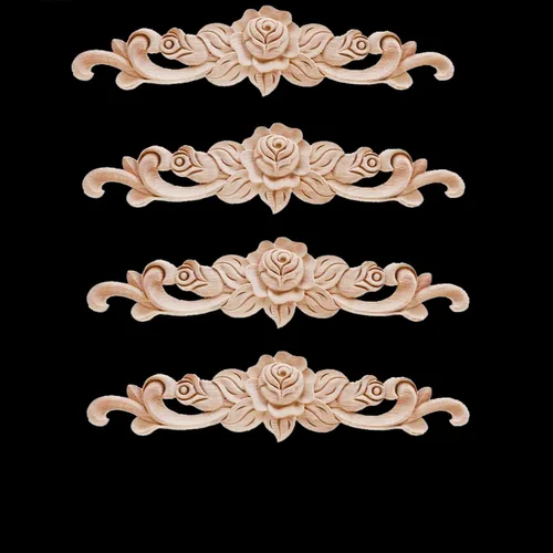 Miniatura 3 de 4 piezas de madera tallada apliques onlay sin pintar esquina Onlay Applique puerta gabinete rosa sin pintar estilo europeo (20x5cm/7.87x1.97inch)