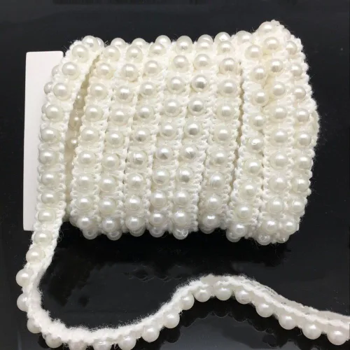 Miniatura 8 de FQTANJU 5 yardas de cinta de encaje con perlas de imitación y apliques de perlas para flecos para decoración de fiesta de boda, decoración