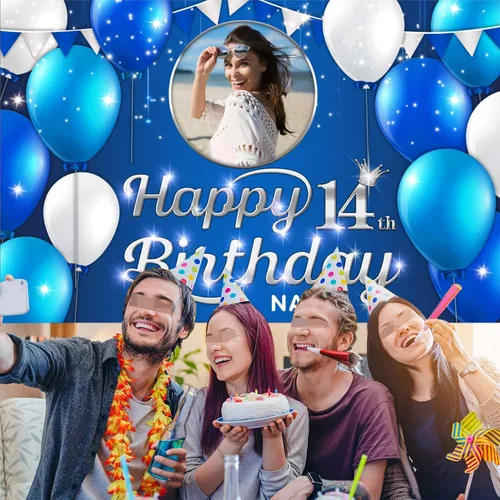Miniatura 6 de Cartel decorativo de feliz cumpleaños número 14, azul marino, personalizado con fotos y nombres NLK-14th-Azul marino