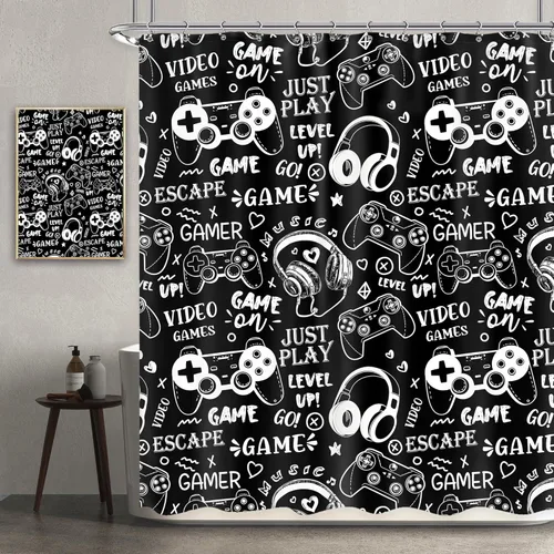 Newsely Cortina de ducha para niños, 60 pulgadas de ancho x 72 pulgadas de alto, juego de cortina de ducha para videojuegos, videojuegos,