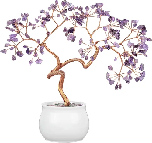 Miniatura 13 de Rockcloud Árbol de dinero de cristal curativo de aguamarina de 6.5 pulgadas, bonsái Fengshui con base de cerámica para buena suerte, riqueza