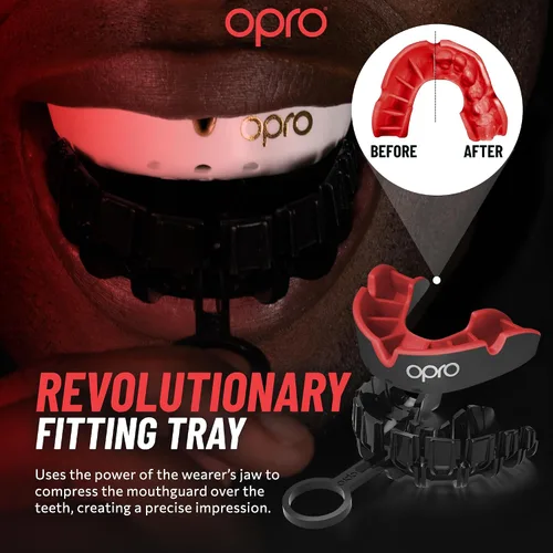 Miniatura 4 de OPRO Protector bucal moldeable de nivel plateado, ajuste esencial (negro/rojo) para niños y jóvenes, protector bucal de boxeo para artes marciales