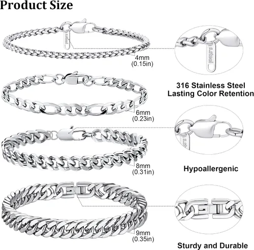 Miniatura 5 de Pulsera de plata para hombre, pulsera de eslabones cubanos de acero inoxidable, cuerda resistente, juego de pulseras de cadena cubana Figaro