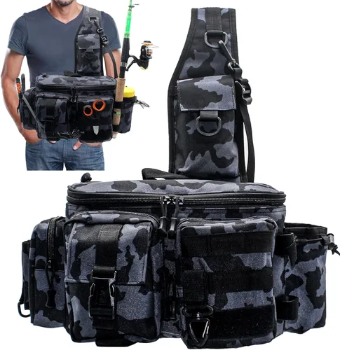 Bolsa de aparejos de pesca, mochila de hombro con caña y soporte para equipo, bolsa de almacenamiento multifuncional cruzada bolsa de pesca