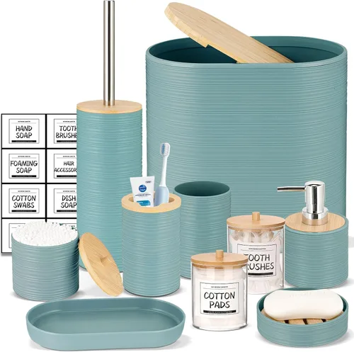 Miniatura 17 de IMAVO Juego de accesorios de baño - Juego de 11 piezas de accesorios de baño beige con cubo de basura, dispensador de jabón, jabonera, soporte